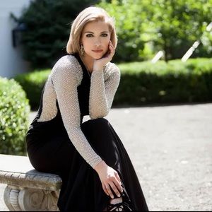 XSCAPE longsleeve studded color blocked gown